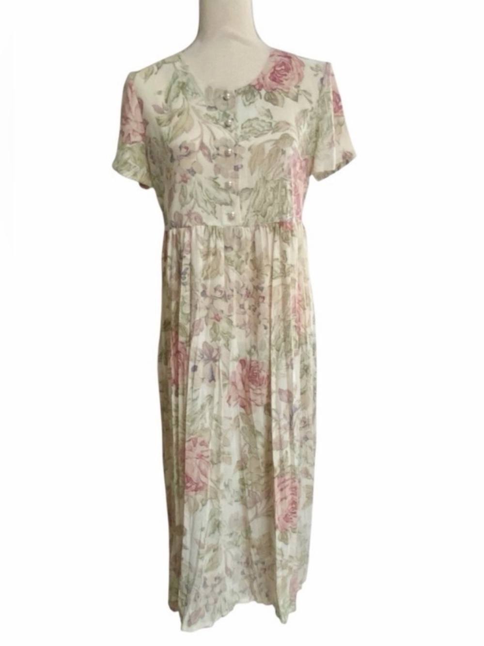 Vintage Plum Floral Prairie Maxi Dress 12P Pearl Button Cottagecore 80s 90s